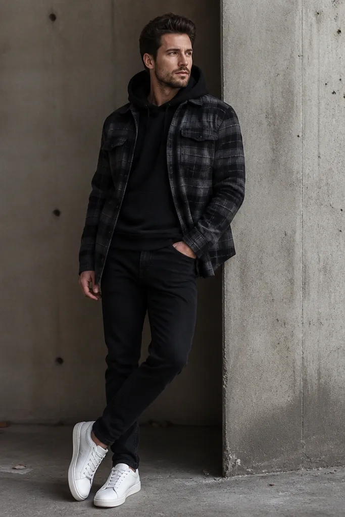 A charcoal plaid flannel worn open over a black hoodie. The man wears black jeans and white sneakers.