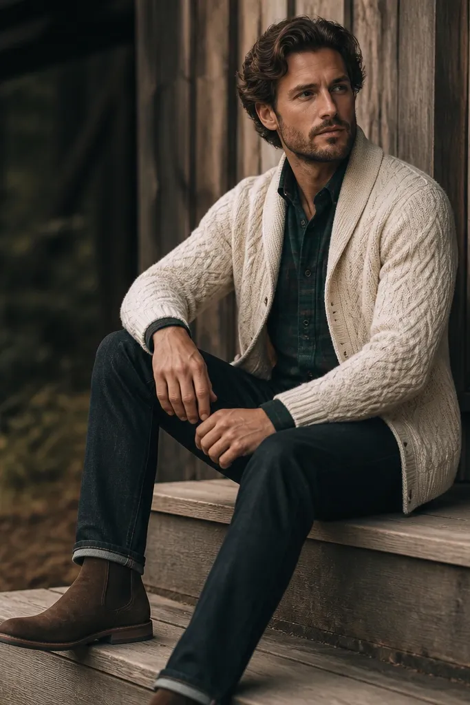 A forest green flannel shirt layered under a cream cable knit cardigan. The man wears dark jeans and brown suede boots.