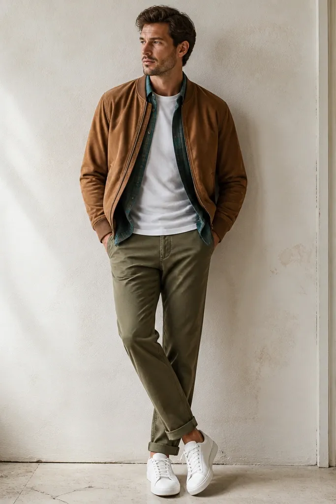 A teal flannel button-up worn open over a white tee, with a tan suede bomber jacket on top. The man wears olive chinos and white sneakers.