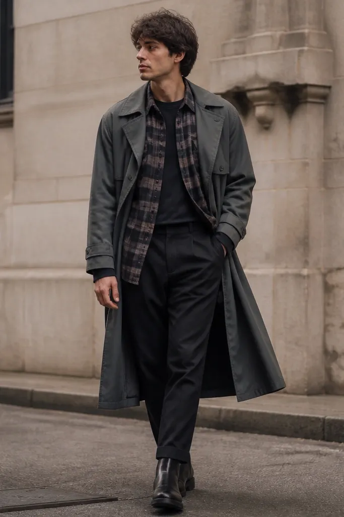 A patterned flannel shirt worn over a solid long-sleeve top, with a long grey trench coat. The man wears black trousers and dark boots.