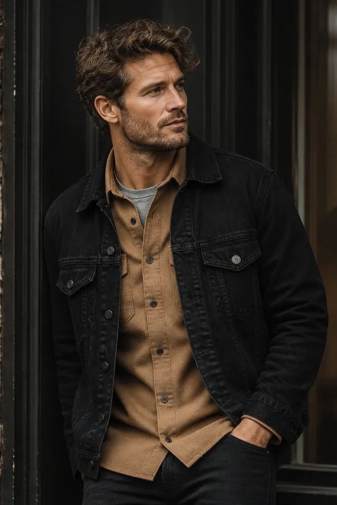 A camel flannel button-up layered under a black denim jacket. The man wears black jeans and a grey tee peeking at the collar.