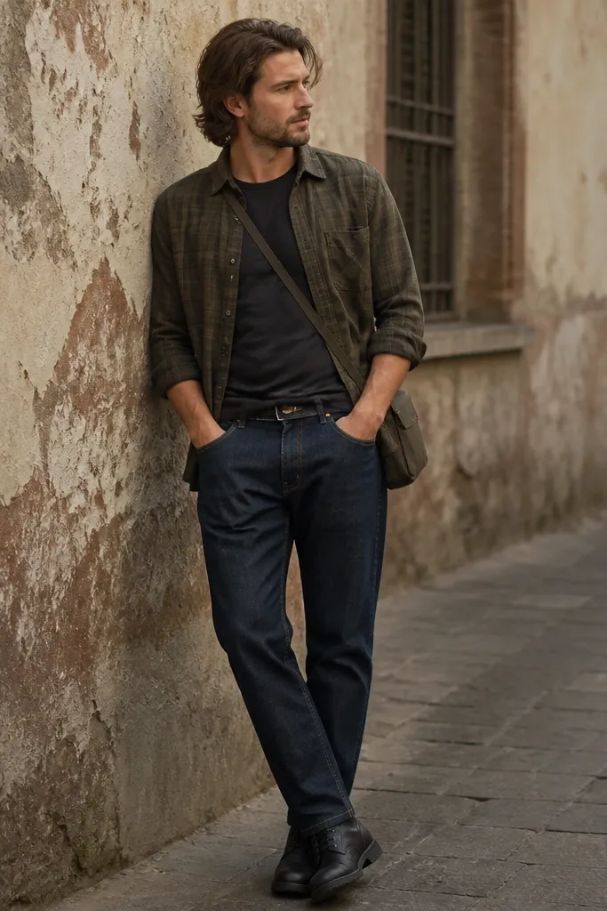 A man wearing a faded black crewneck T-shirt under an olive brushed flannel shirt worn unbuttoned. Straight-leg dark blue jeans sit at the waist. He has on matte black lace-up boots and a small crossbody bag. The flannel sleeves are rolled to mid-forearm.