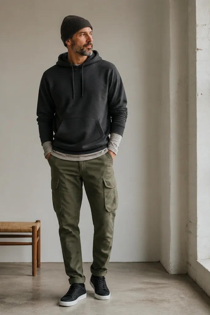 A charcoal hoodie layered over a light gray thermal long-sleeve peeking at the cuffs. The man wears olive cargo pants with multiple pockets and a slightly tapered ankle. He has on black low-top sneakers with white soles and a beanie.