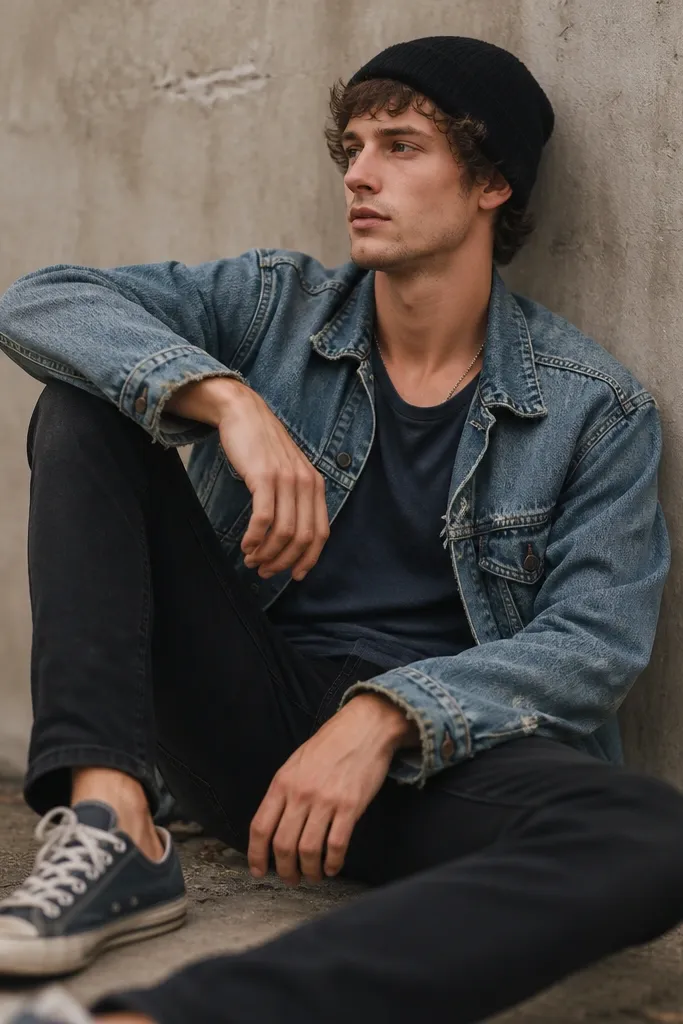 A distressed mid-wash denim jacket with frayed seams over a faded navy T-shirt. The man wears black slim-straight jeans and a thin chain necklace. He has on worn canvas sneakers and a black beanie.