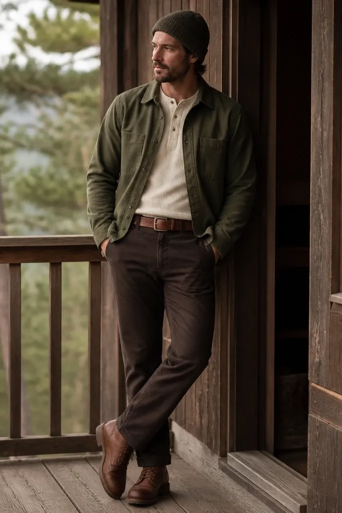 An olive overshirt worn buttoned halfway over a cream waffle henley. The man wears dark brown straight-leg pants and brown leather work boots. A leather belt shows at the waist, and there's a textured knit beanie.