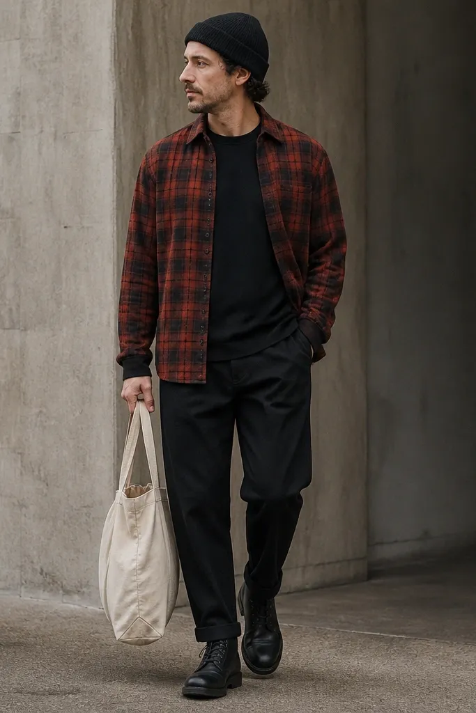 A rust-red flannel worn open over a black long-sleeve shirt. The man wears relaxed black jeans with a slight taper at the ankle and black lace-up boots. He's carrying a canvas tote and wearing a dark knit cap.
