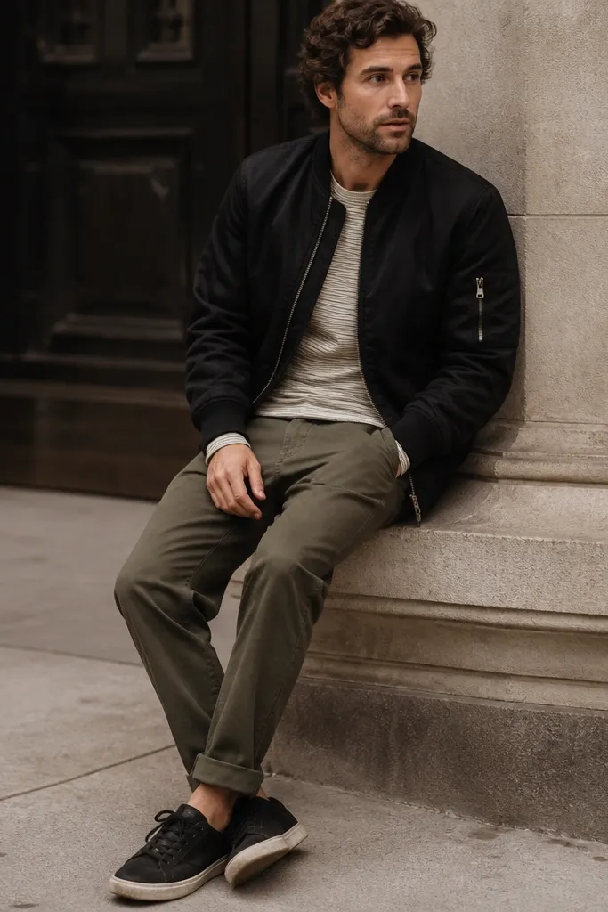 A black bomber jacket over a striped long-sleeve thermal. The stripes peek out at the cuffs and neckline. The man wears olive chinos and black sneakers with a slightly worn look.