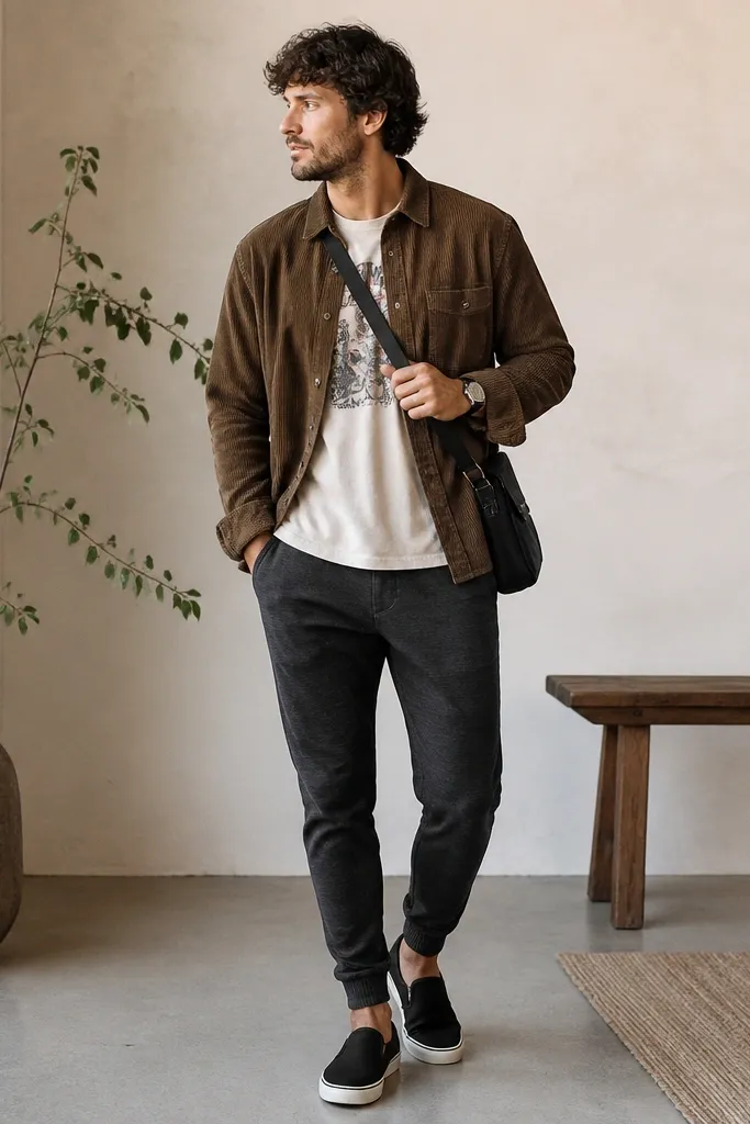 A brown corduroy button-up worn open over a vintage graphic tee. The man wears charcoal joggers with a tapered ankle and black slip-on sneakers. There's a simple watch and a crossbody bag.