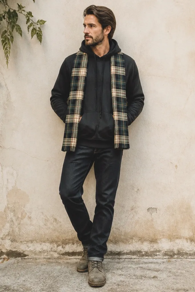 A man wearing a dark hoodie with a checked flannel scarf draped over his shoulders. He has straight dark jeans and gray work boots. The scarf ends hang down near the waist.