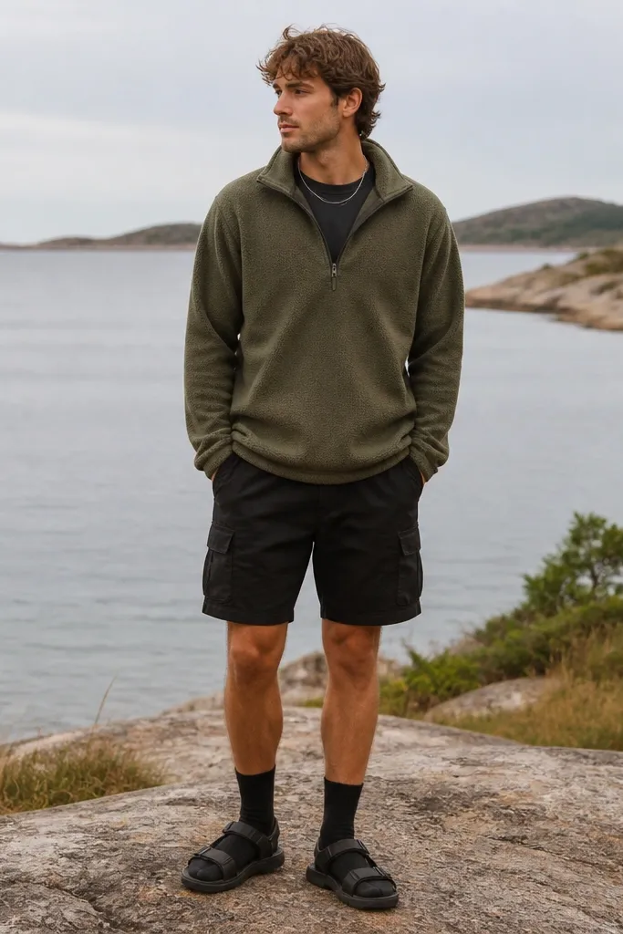 A fleece quarter-zip in olive over a washed black tee. The man wears black cargo shorts that hit mid-thigh and black hiking sandals with socks. A simple chain sits at the collar.