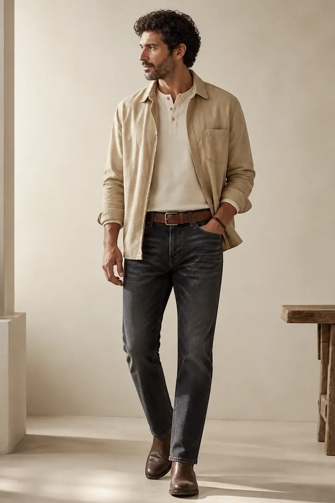 A cream henley under a sand-colored overshirt. The man wears faded charcoal denim jeans with slight whiskering and brown leather boots. A tan belt and a small leather bracelet are visible.