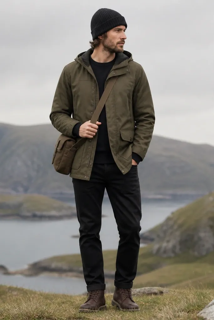 A black thermal shirt peeking at the collar and cuffs under an olive parka. The man wears straight black jeans and dark brown boots. He has a beanie and a simple crossbody bag.