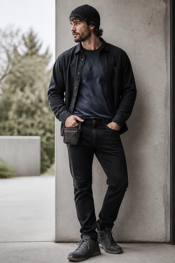 A washed navy T-shirt under a black overshirt. The man wears gray work sneakers with a rugged sole and black jeans. There's a knit cap and a small utility pouch on the belt.