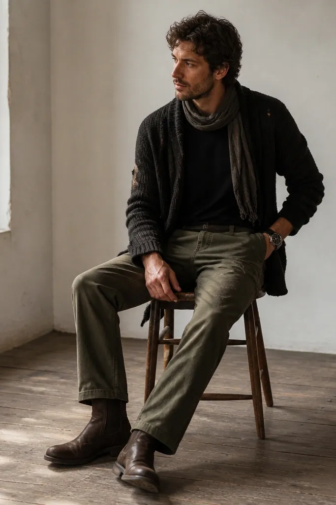 A dark cardigan with visible distressing over a plain black tee. The man wears olive straight jeans and dark brown boots. He also has on a scarf and a watch.