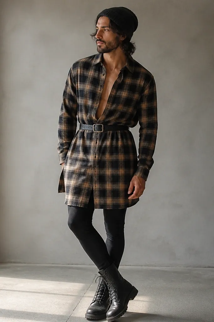 A man wearing a plaid flannel shirt dress open slightly, layered over dark leggings. He wears combat boots and a belt. A beanie sits on his head, and the shirt hem falls mid-thigh.