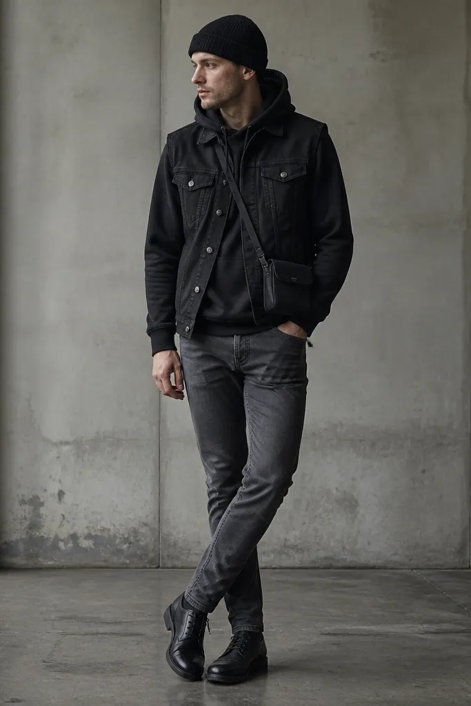 A black denim vest layered over a dark hoodie. The man wears gray slim jeans and black leather lace-up shoes. A beanie and a small crossbody bag are visible.