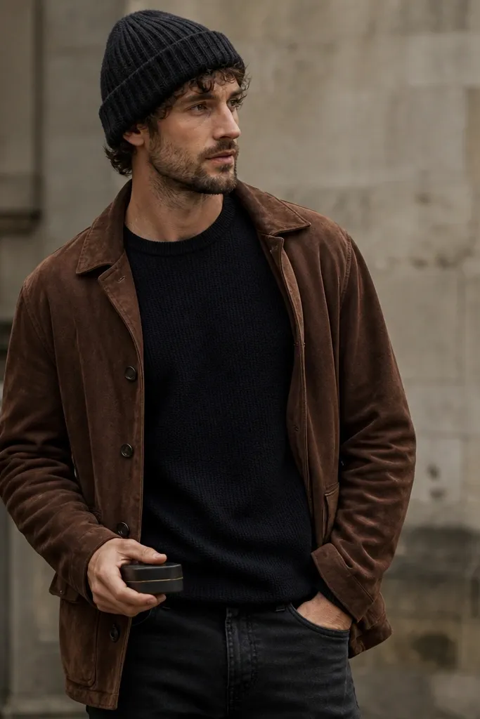 A brown suede jacket worn open over a black thermal long-sleeve. The man has a very knit, thick beanie in charcoal and wears dark jeans. He's holding a cigarette case or small card wallet in his hand.