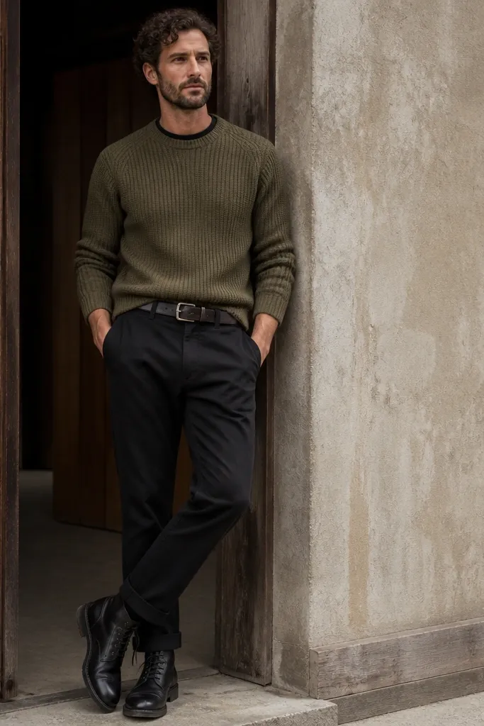 An olive knit sweater worn over a black tee. The man wears black work pants with a straight leg and cuffed hem. He has on black boots and a leather belt.