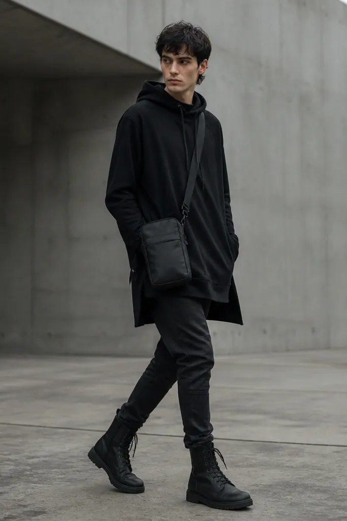 A longline black hoodie with a slightly longer back panel. The man wears dark denim pants with a panel seam detail near the knee and black combat boots. A crossbody bag hangs at the hip.