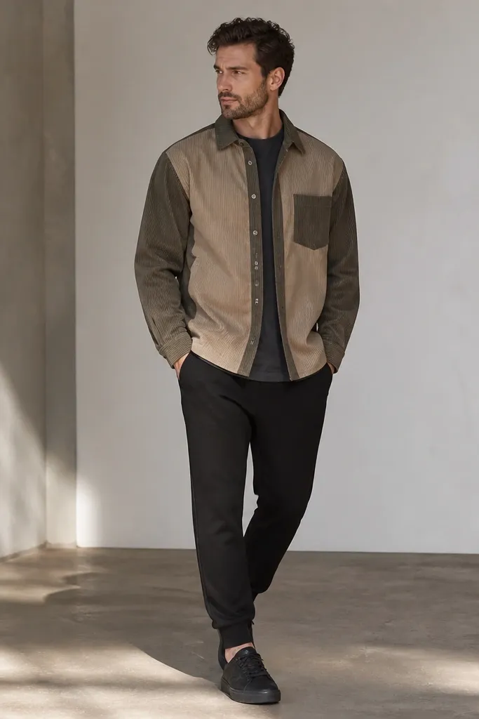 A two-tone cord overshirt with darker panels and lighter rib sections. A charcoal tee peeks at the collar and hem. The man wears black jogger pants with tapered cuffs and black sneakers.