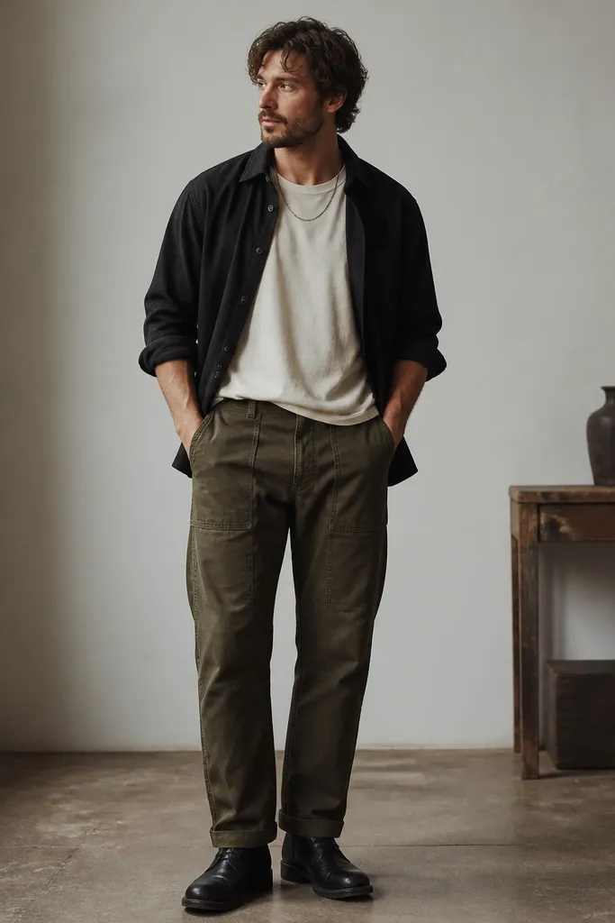 A faded white T-shirt under a black overshirt worn open. The man wears olive chore pants with a workwear pocket layout and black boots. He has rolled sleeves and a simple chain necklace.