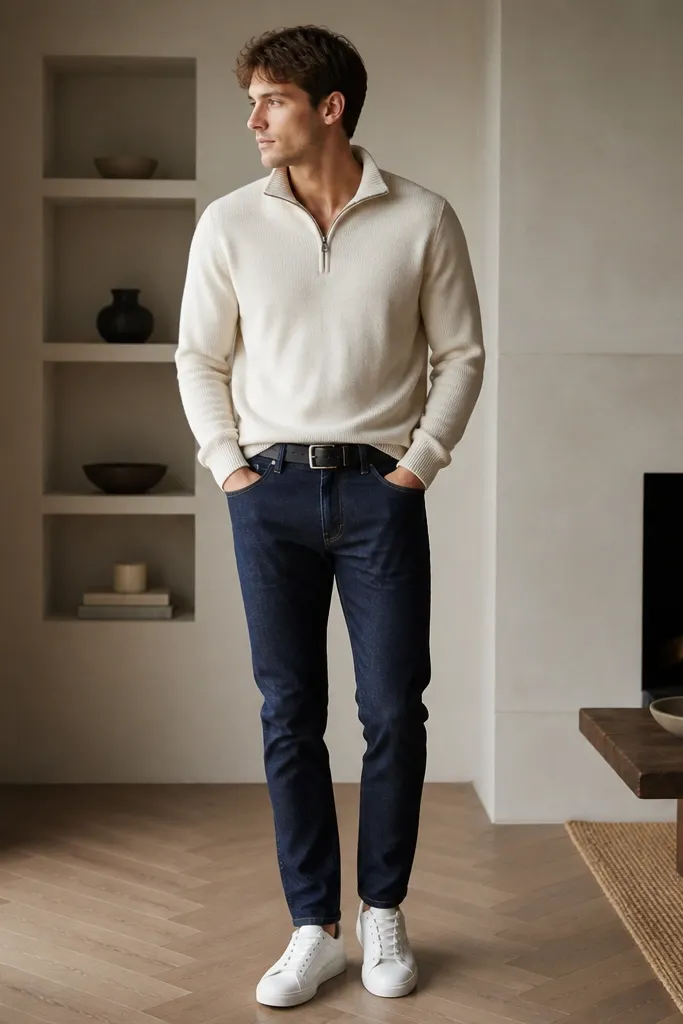 A cream quarter zip sweater worn with dark indigo slim jeans. The quarter zip is half-zipped, showing the ribbed collar sitting flat. Shoes are clean white low-top sneakers, and there's a simple black belt.