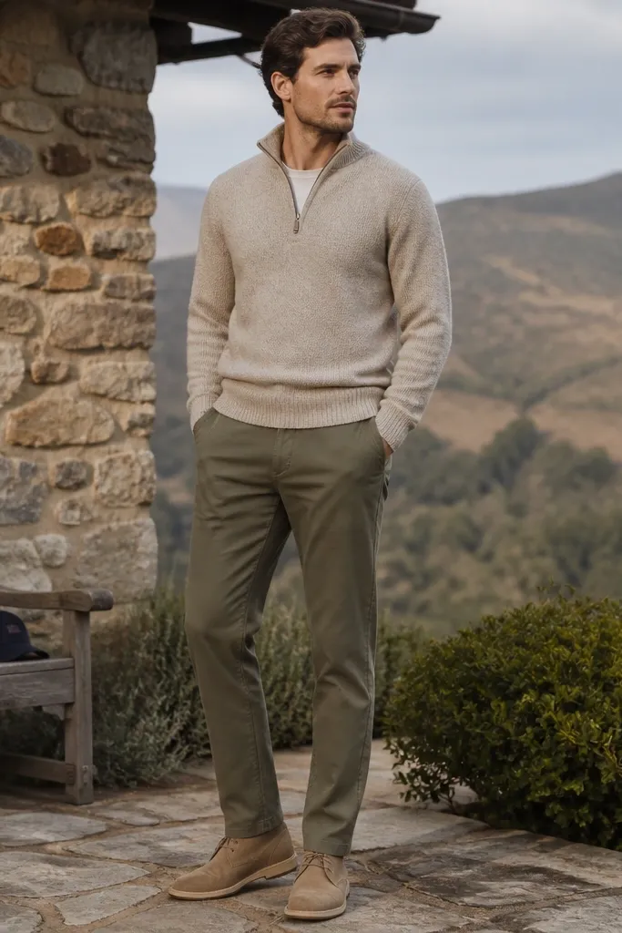 A warm oatmeal quarter zip paired with olive green chinos. The outfit is shown standing outdoors with natural light. Shoes are tan suede desert boots, and there's a navy baseball cap in the background.