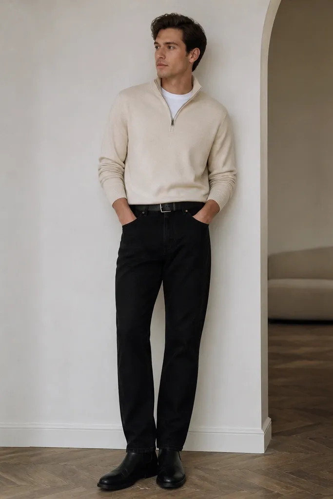 A cream quarter zip layered over a white crew tee, with black straight-leg jeans. The quarter zip is zipped halfway. Footwear is black leather Chelsea boots, and the belt matches the boots.