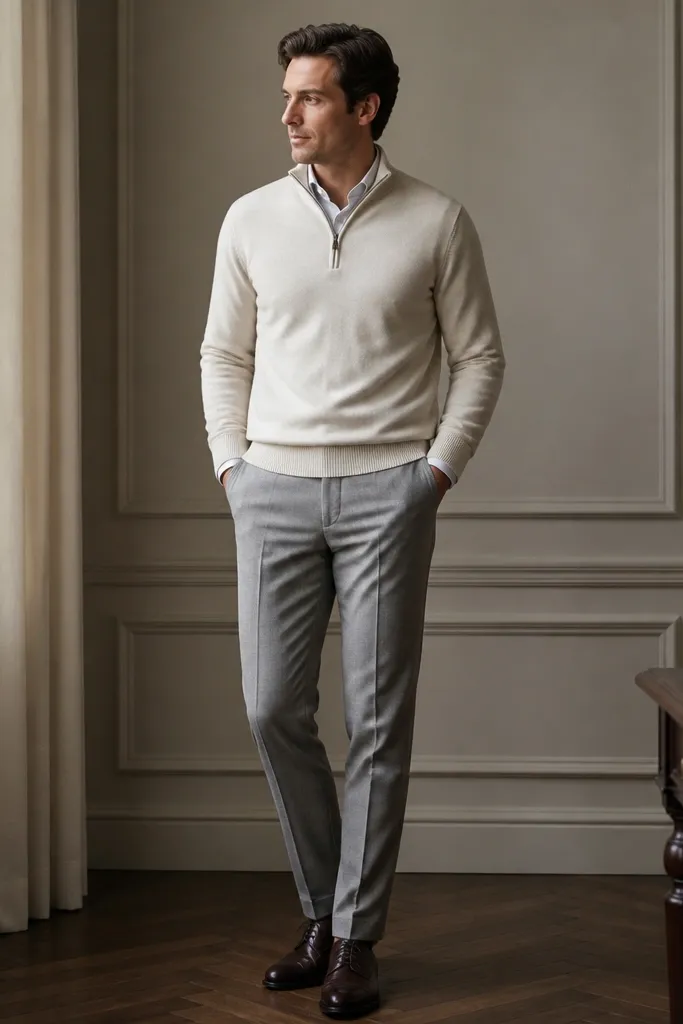 A cream quarter zip worn with light gray wool trousers. The trousers have a clean crease and a slightly tapered leg. Shoes are dark brown leather oxfords, and the look has a neat, office-ready feel.