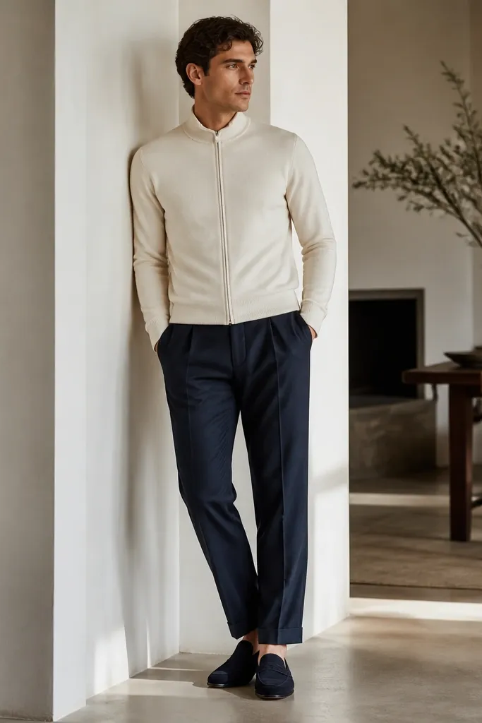 Cream quarter zip with a navy pair of chinos featuring subtle pleats. The quarter zip is fully zipped with the collar resting flat. Shoes are navy suede loafers with a low profile.