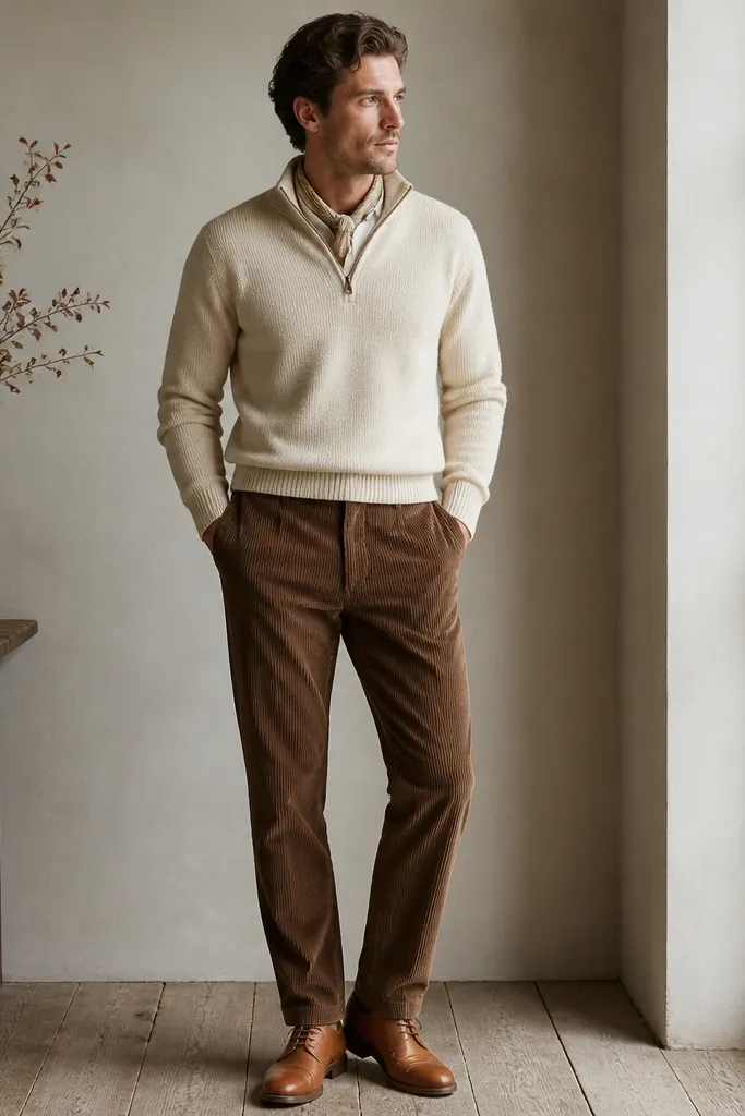 Cream quarter zip sweater paired with brown corduroy trousers. The corduroy has visible wale texture. Shoes are tan leather lace-ups, and there's a light scarf tucked at the neck.