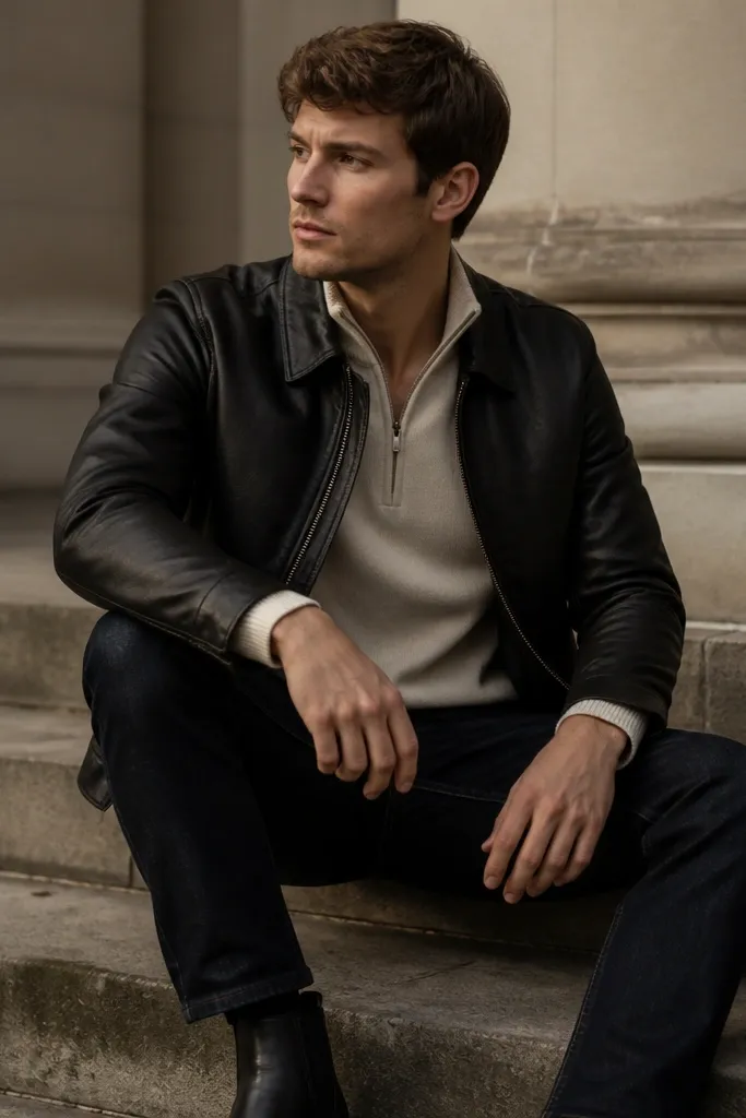 A cream quarter zip under a black leather jacket. The jacket is zipped halfway, and the sweater is visible at the chest and sleeves. Dark jeans and black boots complete the look.