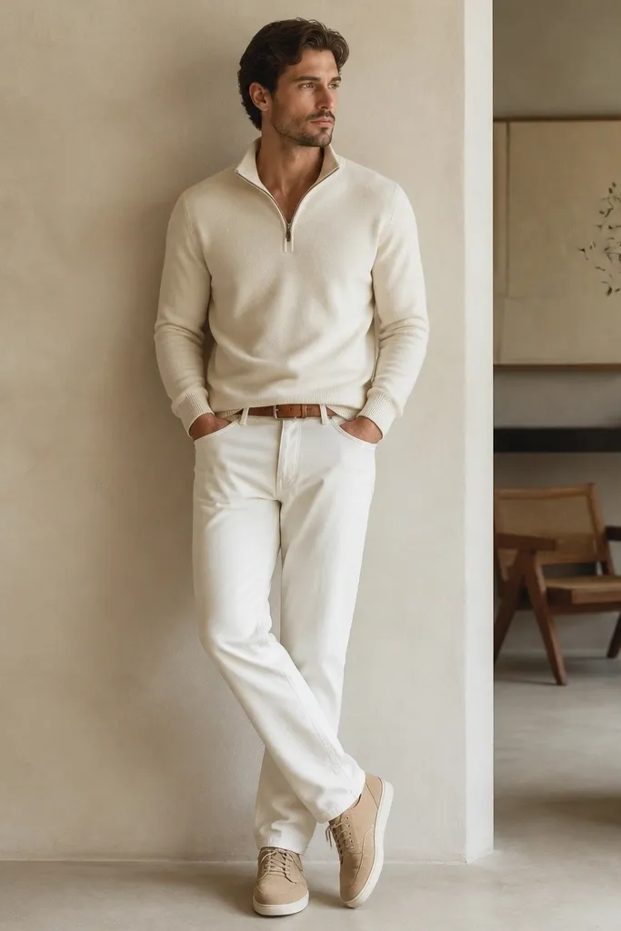 Cream quarter zip worn with off-white/white denim jeans. The quarter zip is half-zipped. Shoes are light tan suede sneakers, and a tan leather belt is visible at the waist.