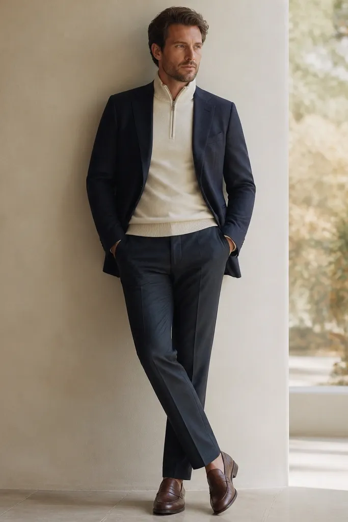 A cream quarter zip under a navy blazer. The blazer is open, showing the quarter zip fully zipped. Trousers are dark navy or charcoal, and shoes are brown leather loafers.