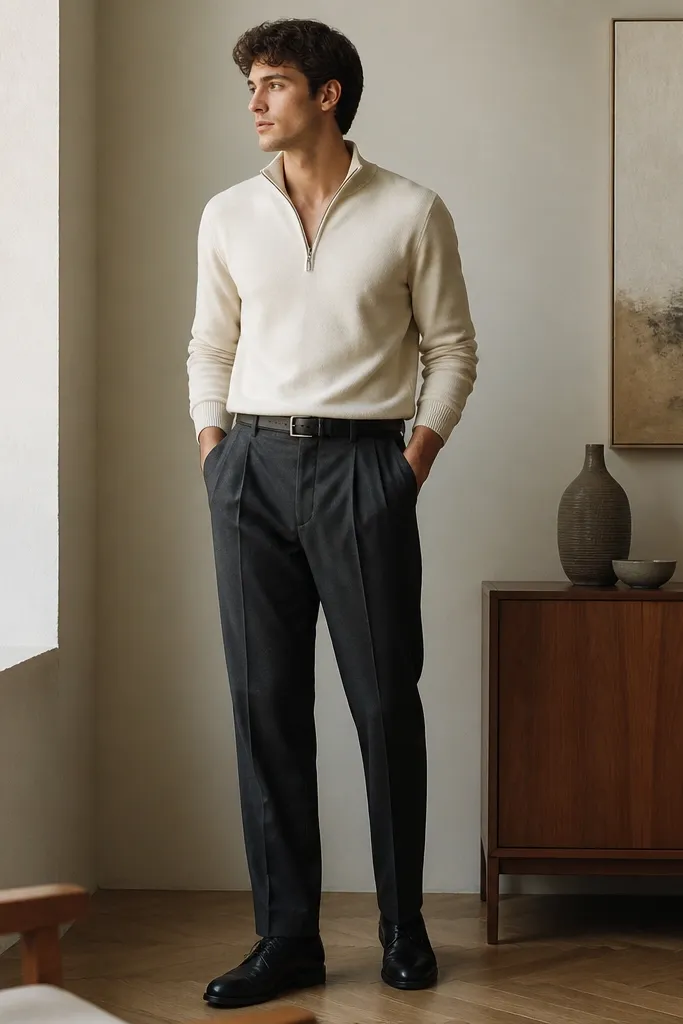 Cream quarter zip paired with charcoal pleated slacks. The sweater is zipped to mid-chest. Shoes are black leather lace-ups, and there's a dark belt with a simple buckle.