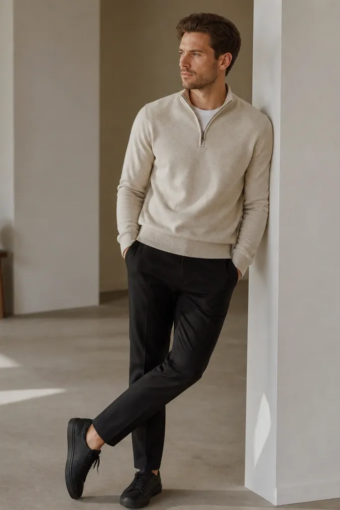 Warm oatmeal quarter zip with black tapered chinos. The quarter zip is half-zipped, and there's a subtle white tee peeking at the collar. Shoes are minimalist black sneakers.