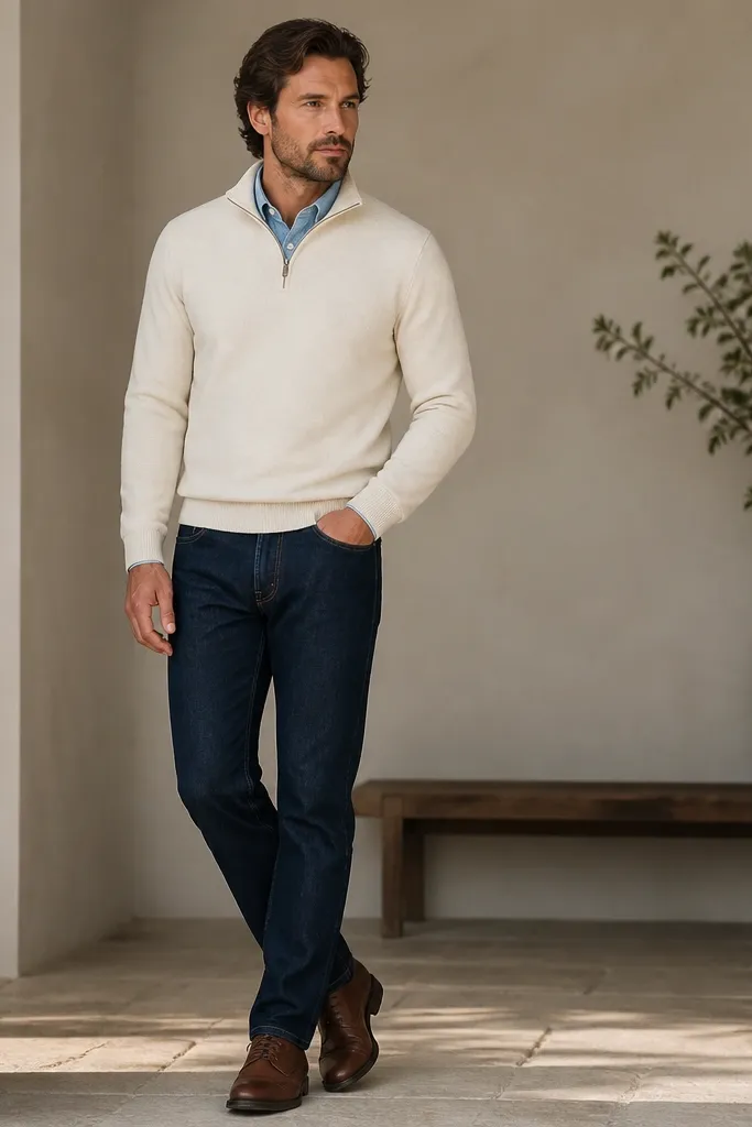 Cream quarter zip worn over a light blue chambray button-up. The chambray collar shows slightly under the quarter zip. Pants are dark wash jeans and shoes are brown derbies.