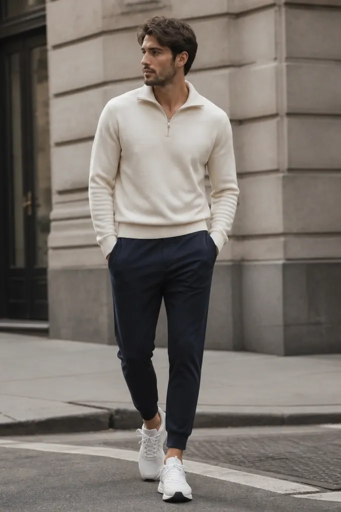Cream quarter zip worn with navy track pants that have a tapered ankle. The sweater is half-zipped and slightly relaxed. Shoes are white running sneakers, and the look is photographed in a city setting.