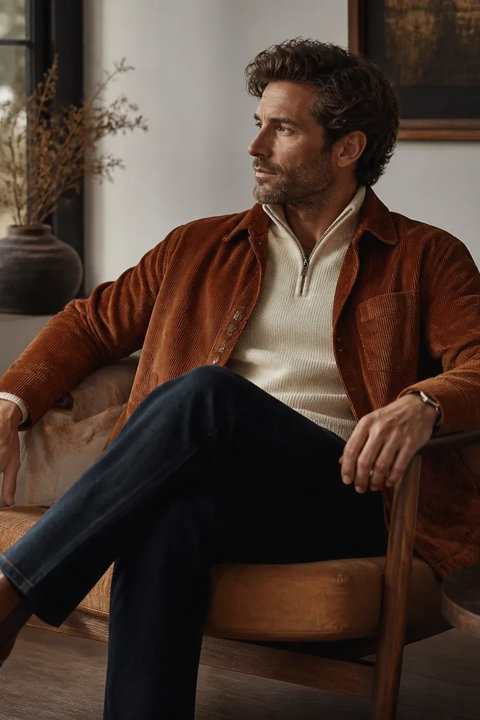 Cream quarter zip under a rust-colored corduroy overshirt. The overshirt is open, showing the cream knit. Pants are dark jeans and shoes are brown leather boots.