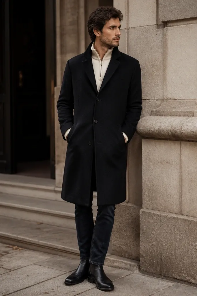 A cream quarter zip worn under a black wool overcoat. The coat is buttoned and the sweater shows at the neck and cuffs. Jeans are dark and shoes are black leather Chelsea boots.