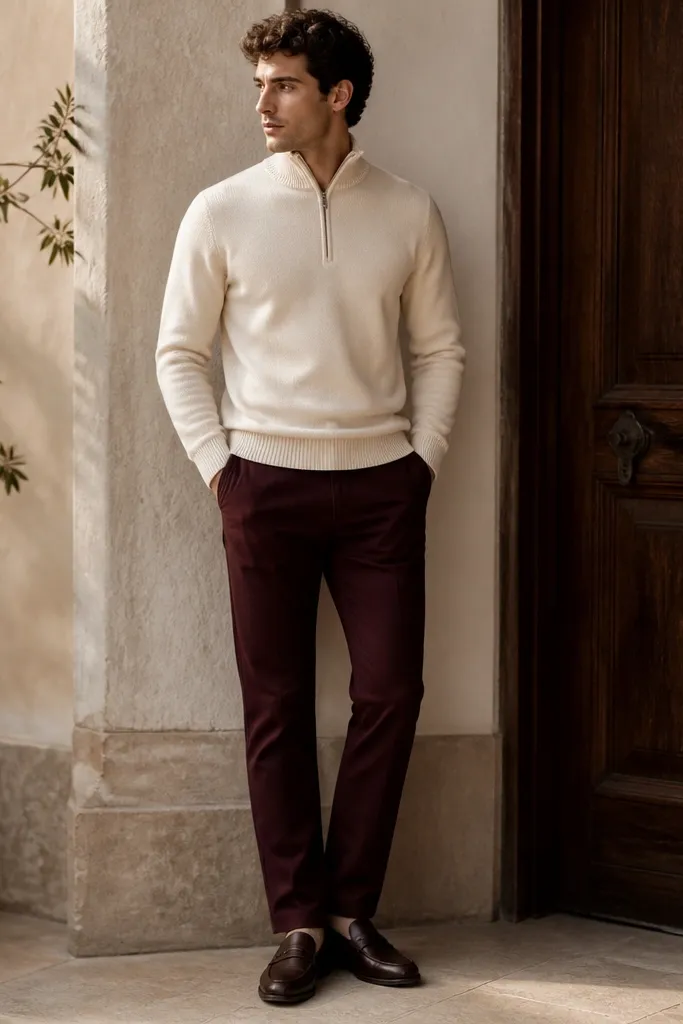Cream quarter zip paired with burgundy chinos. The quarter zip is fully zipped. Shoes are dark brown leather loafers, and the lighting makes the burgundy look deep and warm.