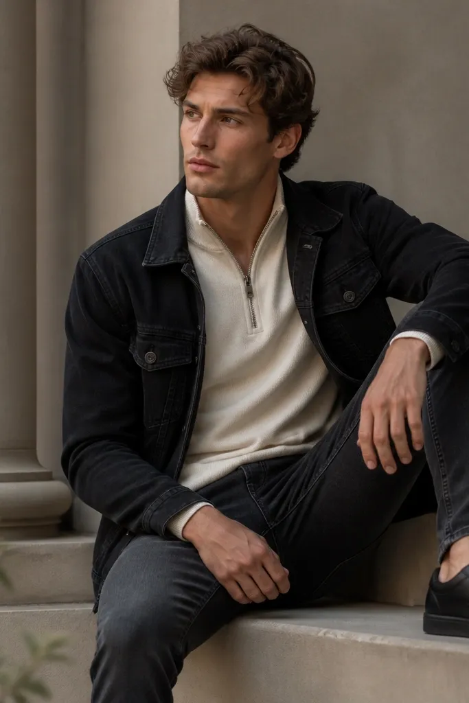 A cream quarter zip under a black denim jacket. The jacket is open and the sweater shows at the chest. The outfit is finished with slim jeans and black sneakers.