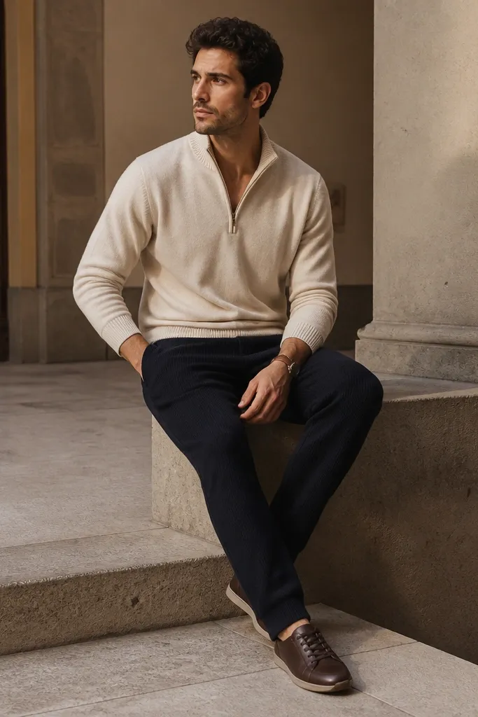 Cream quarter zip worn with navy knit pants that have a soft, sweater-like texture. The quarter zip is half-zipped. Shoes are dark brown leather sneakers, and the outfit looks monochrome but not flat.