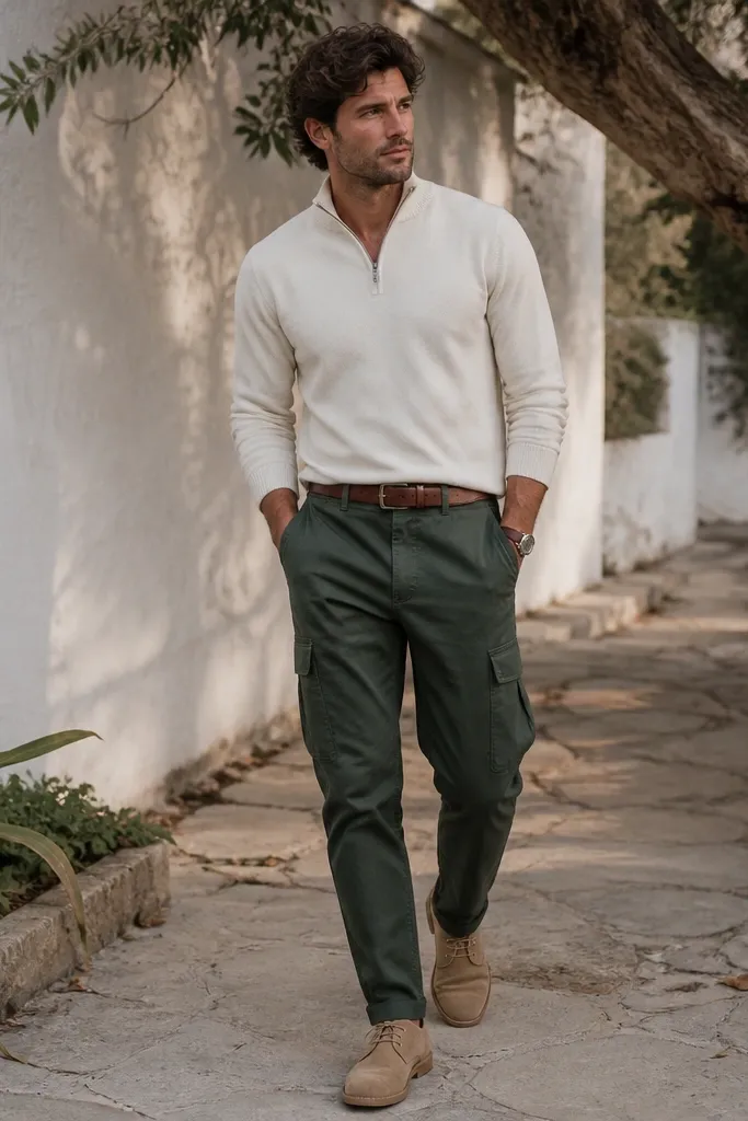 A man wearing a cream quarter zip with the collar half-zipped, paired with forest green cargo pants that sit straight through the thigh and taper at the ankle. He has tan suede desert boots with crepe soles, a brown leather belt, and a simple watch on the wrist. The outfit looks slightly relaxed, like late-summer walking clothes, with the cream top catching light against the deep green pants.