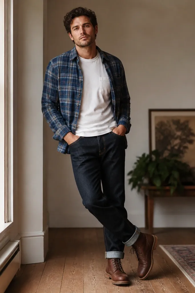 Model wears a mid-blue plaid flannel left open over a white crew-neck tee with a small chest pocket. The pants are dark straight-leg jeans, cuffed slightly above the shoe. Brown leather lace-up boots finish the look.