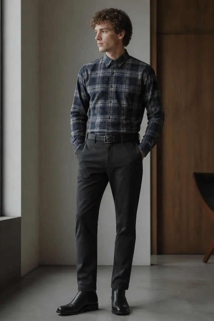 Slate-blue and gray plaid flannel is fully buttoned. The model pairs it with charcoal chinos, a black leather belt, and black leather Chelsea boots. Hands are in pockets; the flannel hem sits near the top of the waistband.