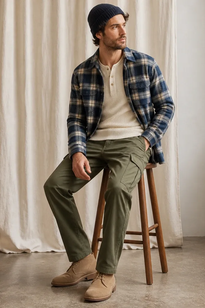 Cream knit henley is layered under a blue flannel left open. The pants are olive cargos with visible pockets and a straight fit. The model wears tan suede chukkas and a dark knit beanie.