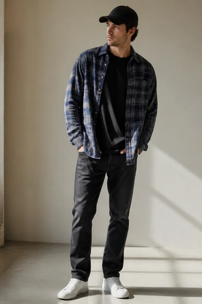 A blue plaid flannel is worn open like an overshirt over a black crew tee. The jeans are washed black with a slight shine on the fabric. The model wears white low-top sneakers and a black cap.