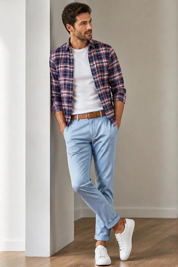 A red-white-blue flannel is worn open over a white tee. Light blue chinos sit above the ankle with a slight break. The model wears clean white sneakers and a tan leather belt.