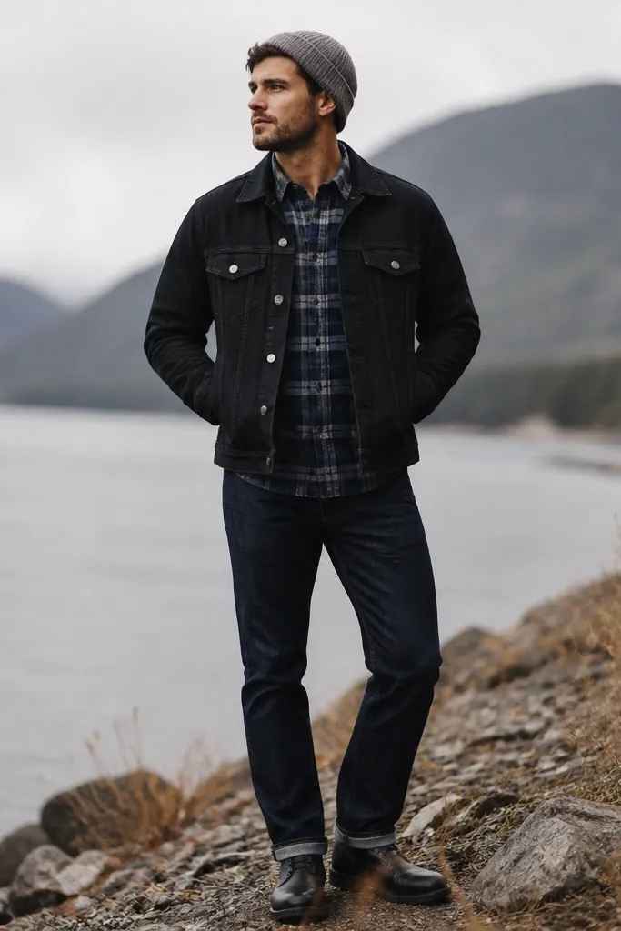 Blue flannel is worn buttoned, with a black denim jacket layered on top. Dark navy jeans are worn straight. The model wears black boots and a gray knit beanie.